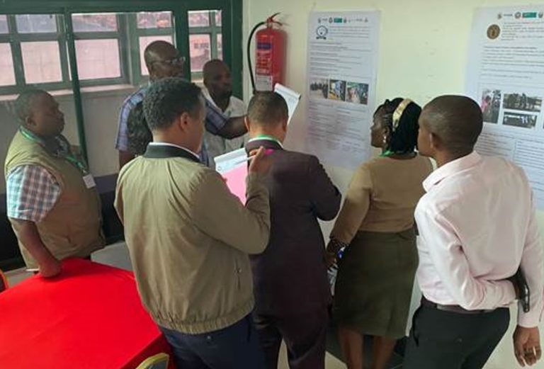 Group gathered around to discuss posters on the wall