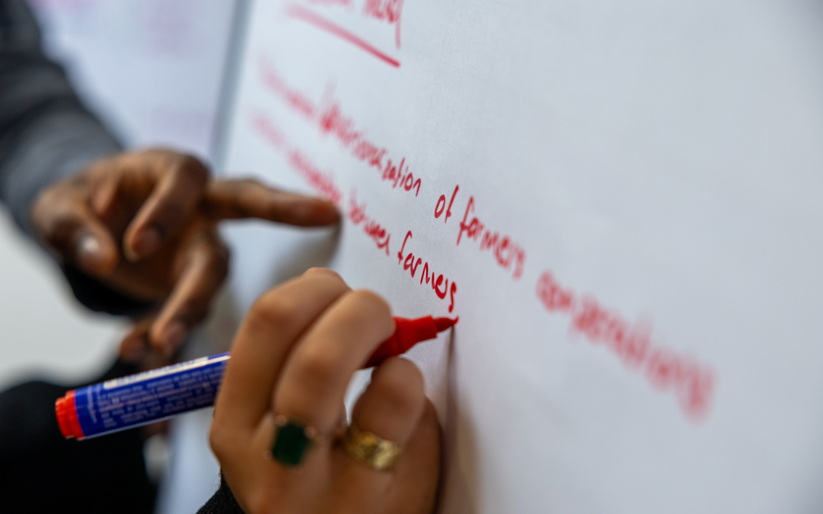 Two people writing farmers on a flipchart in red pen