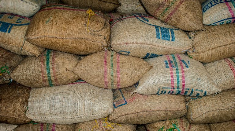 stacked sacks of agricultural produce