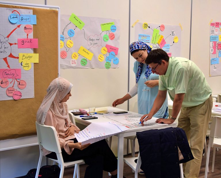 Women teachers brainstorming flipcharts